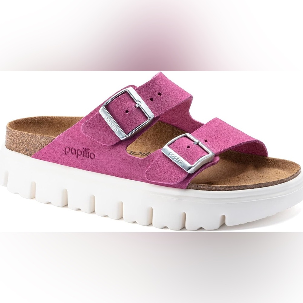 Papillio Birkenstock Arizona BigBuckle Fuschia Suede Platform Sandal SZ EU42 NEW - Picture 5 of 15
